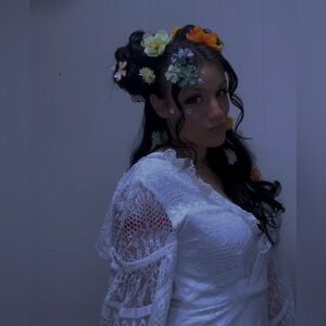 Angel Biba White Guipure Lace Balloon Long Sleeve Mini Dress